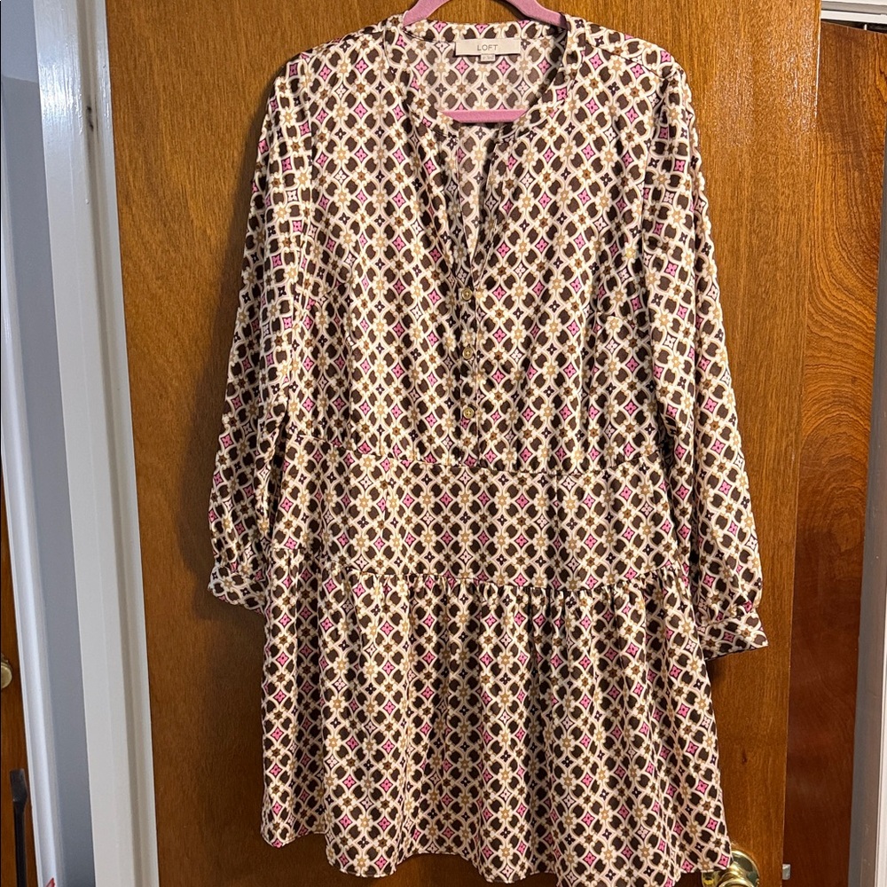 LOFT Cream Dress with Pink and Brown Geometric Print